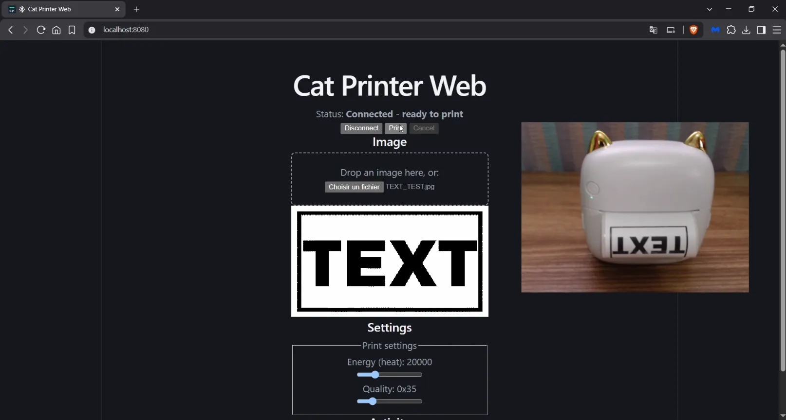 The Cat Printer Web interface, showing the image upload and print preview screen