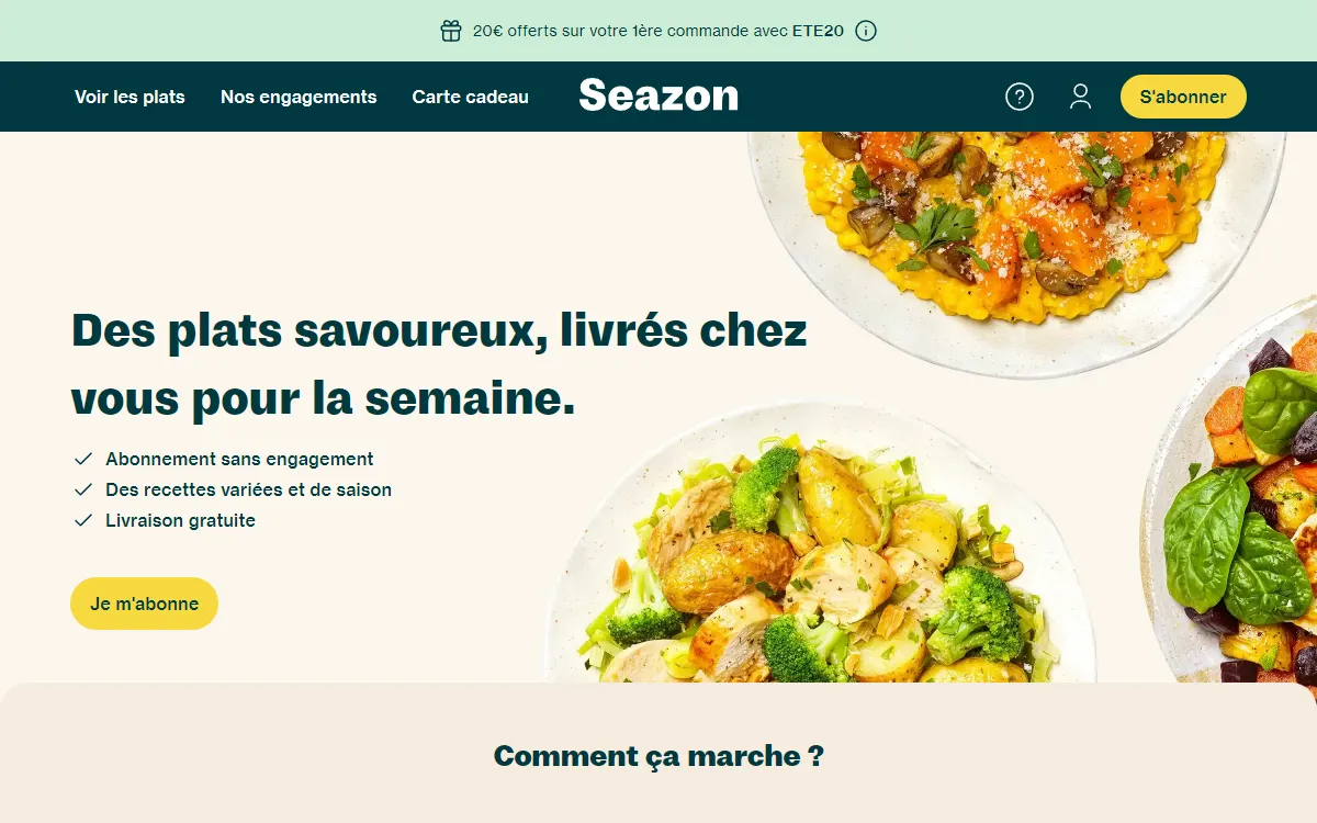 The Seazon.fr website: the subscription meal-delivery homepage and the weekly menu carousel